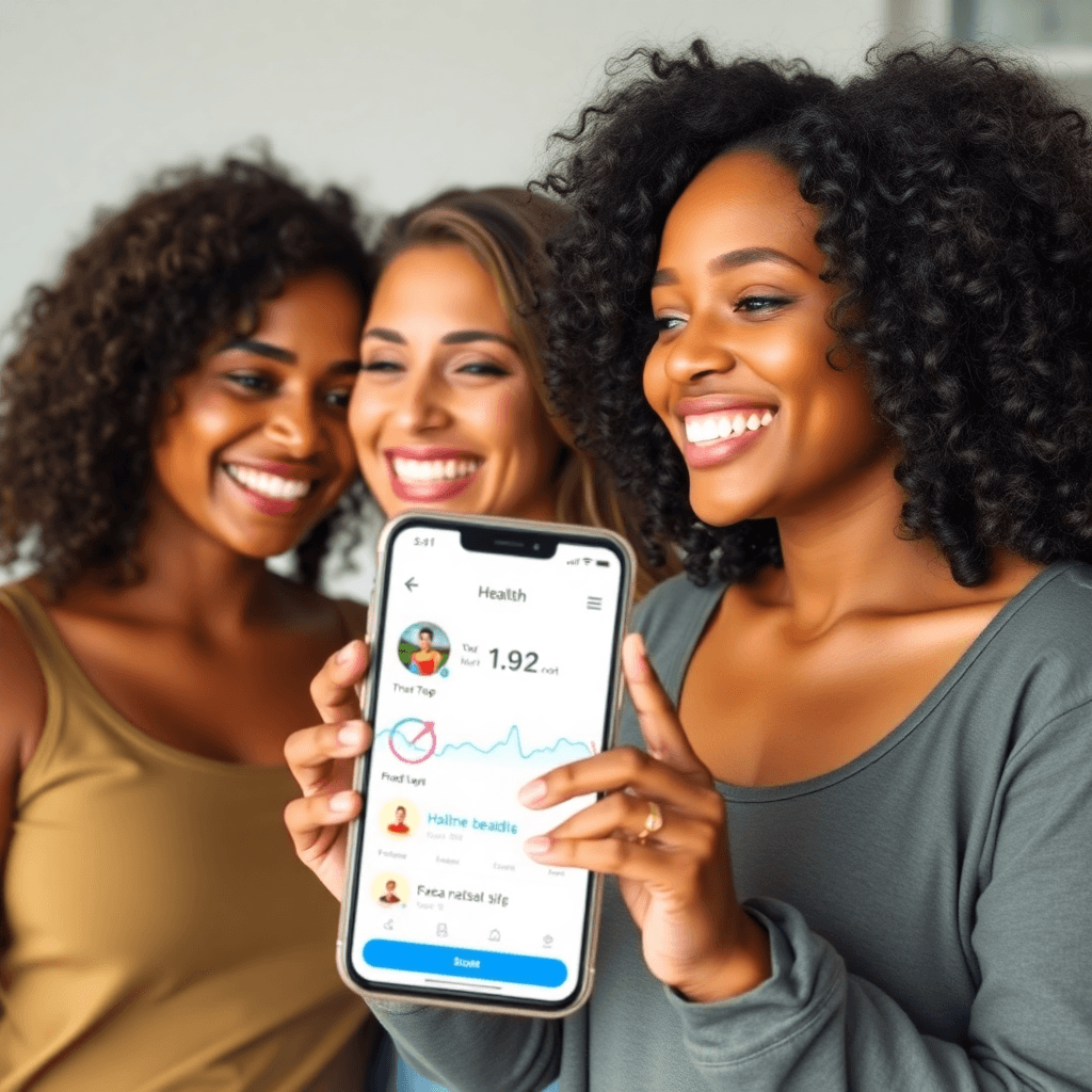 diverse women using health tracking app with positive expressions and modern lifestyle