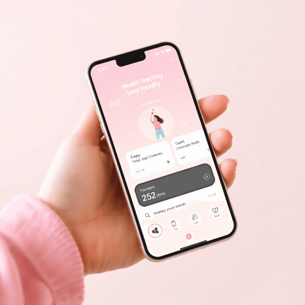 modern smartphone showing health tracking app interface with pastel colors and feminine design